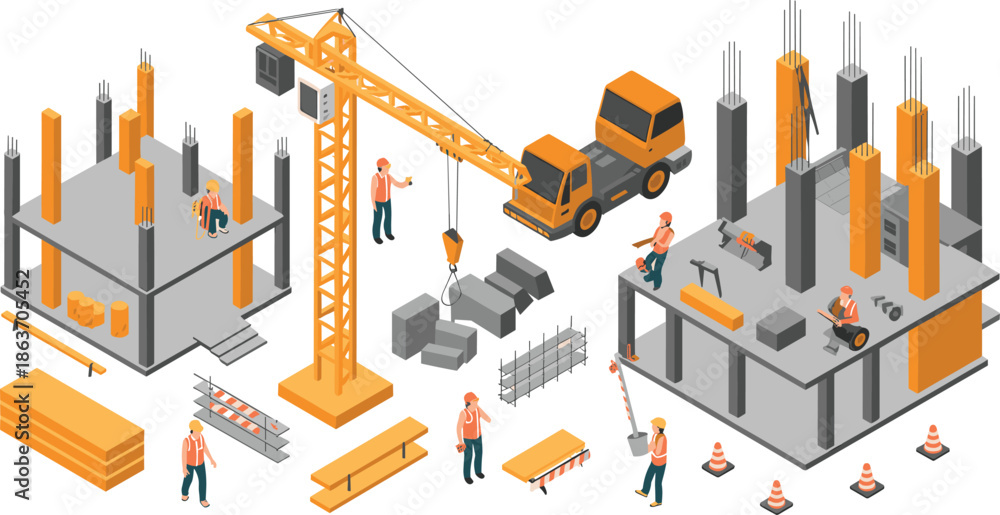 Naklejka premium Isometric construction site illustration, workers building concrete structures with crane and machinery, industrial development process, modern engineering project design