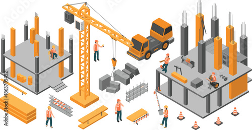 Isometric construction site illustration, workers building concrete structures with crane and machinery, industrial development process, modern engineering project design