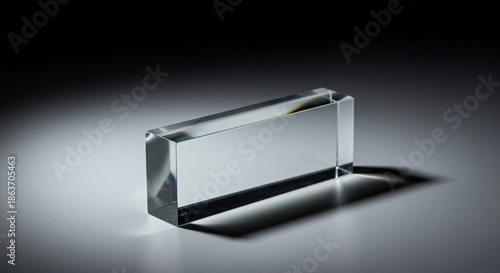 An unfinished clear glass optical prism blank, showing raw material quality and precise geometric form on a clean studio surface, equipment, glass, clear