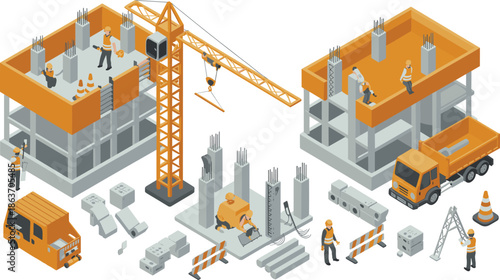 Isometric construction site illustration, workers building concrete structures with crane and machinery, industrial development process, modern engineering project design