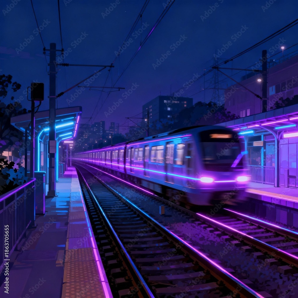 Naklejka premium Neon lit train at night station