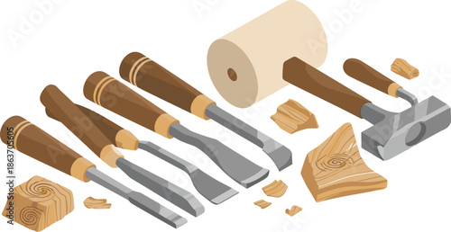 Isometric woodworking tools illustration, chisels mallet and carved wood pieces, carpenter hand tools set, craft workshop equipment design