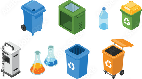 Isometric recycling and waste management icons set, trash bins bottles and lab containers, eco friendly environmental sorting illustration