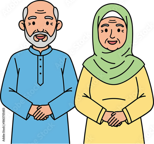 Elderly Muslim couple smiling, man in blue kurta, woman in green hijab and yellow dress.