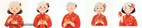 vector half body of a grandmother holding an orange celebrating Chinese New Year