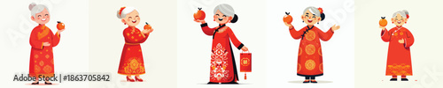 vector of a grandmother holding an orange celebrating Chinese New Year