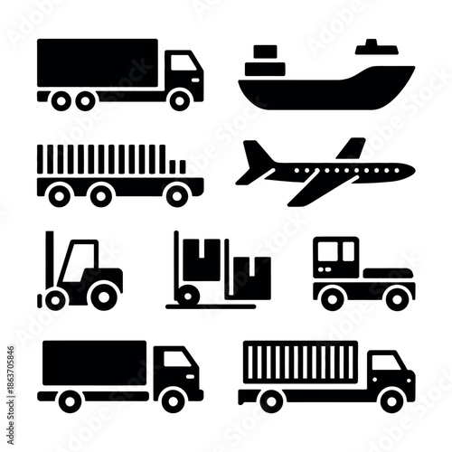 Collection of black icons depicts various modes of commercial freight.