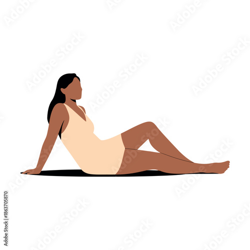 Woman in simple swimsuit reclines comfortably on the ground looking toward the.