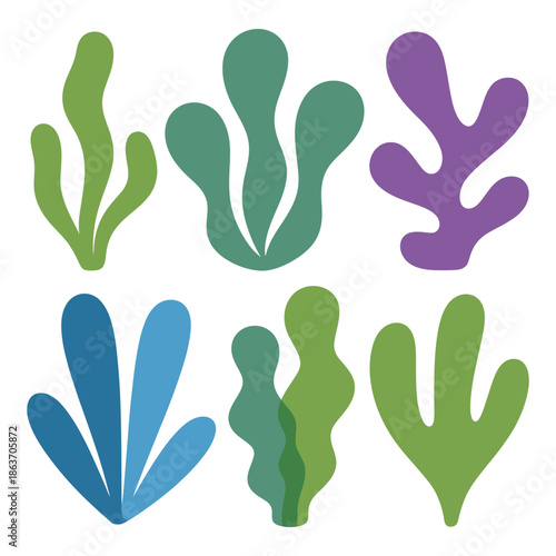 Abstract colorful shapes resembling stylized underwater seaweed or aquatic.