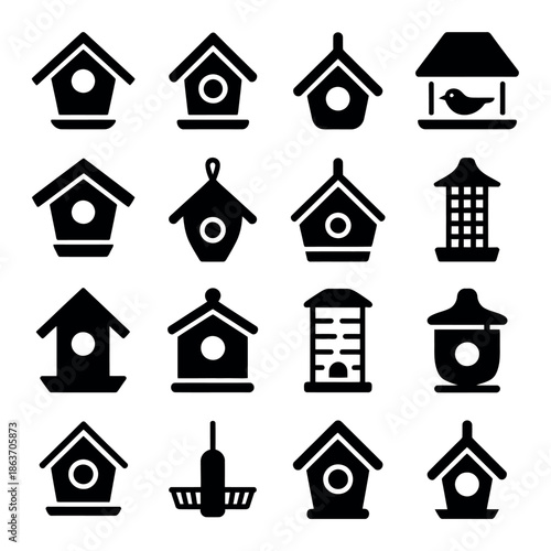 Various black silhouette icons representing different styles of wooden bird.