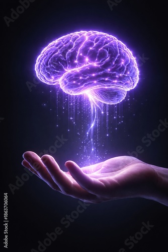 Human hand holding glowing purple digital brain hologram on dark background for artificial intelligence healthcare mental health psychology and futuristic medical science research innovation concept