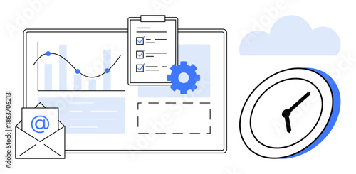 Data analysis, productivity tools, email communication, workflow optimization, scheduling, task organization. Chart, checklist clock email icon gear and cloud. Analysis and productivity concepts
