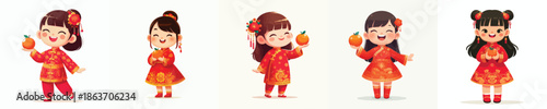 vector of a little girl holding an orange celebrating Chinese New Year