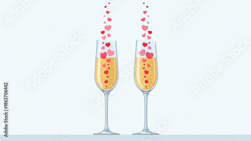 Champagne Flutes Toasting with Hearts and Bubbles on White Background