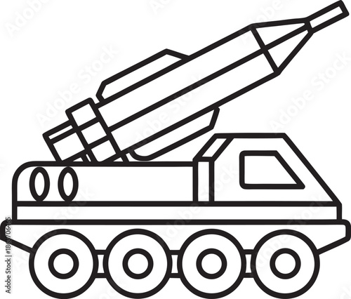 Stylized Line Art Icon of a Missile Launcher Truck with Rocket