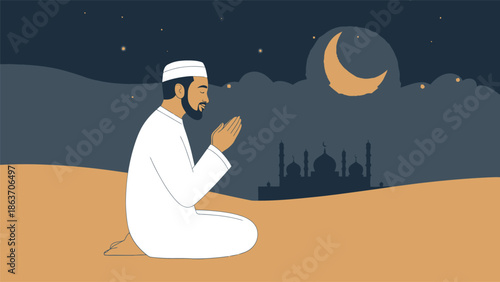 Islamic Prayer Vector Illustration Peaceful Ramadan Night Worship Scene