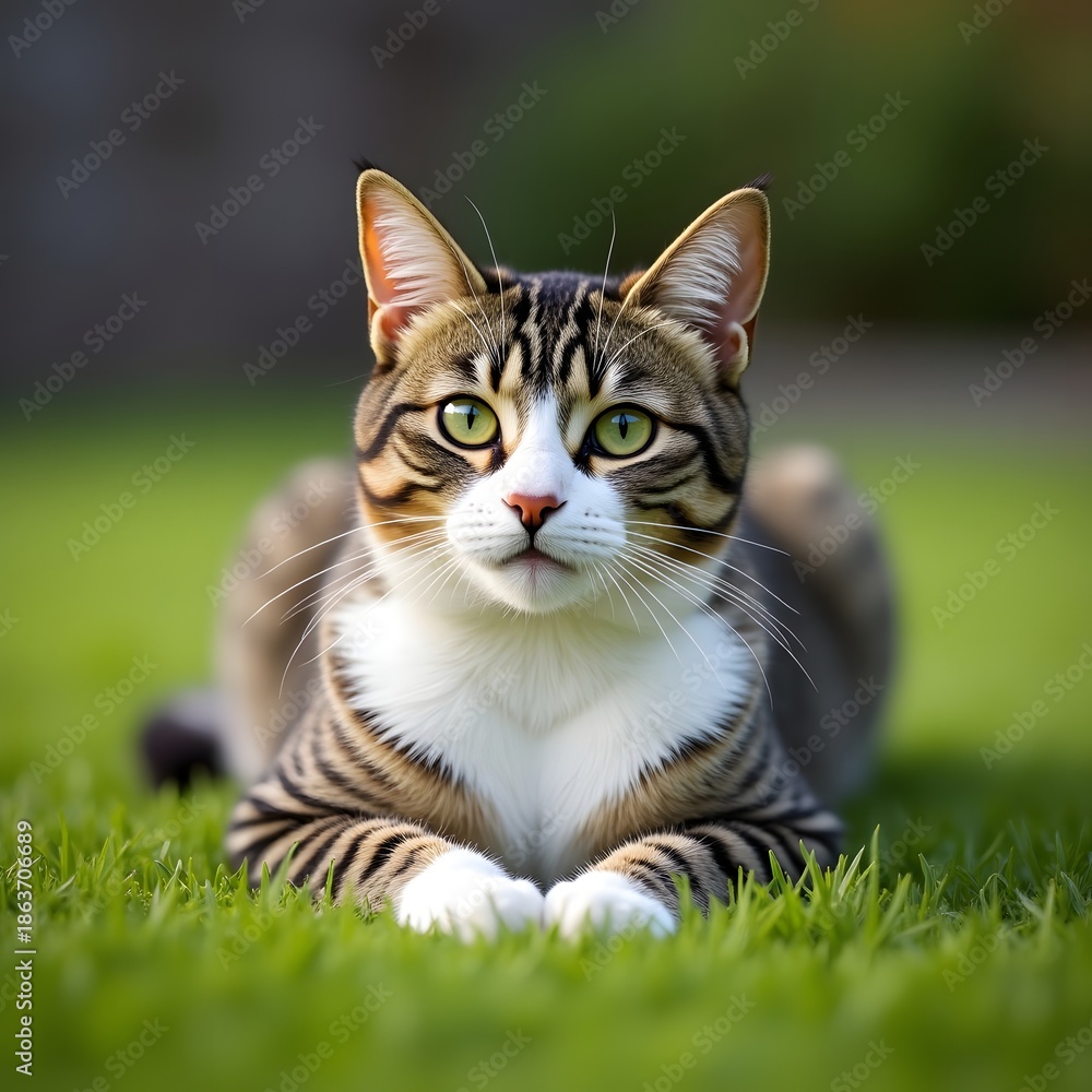Obraz premium Cute Tabby Cat Lying on Green Grass with Bright Eyes Outdoor Pet Portrait - Image for Cat Lovers