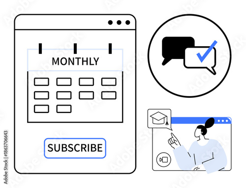 Monthly calendar subscription form, speech bubbles with check mark, educator pointing in e-learning window. Ideal for subscription, education, communication, e-learning, scheduling, webinars