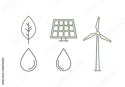 Conceptual line art illustrating green energy and environmental protection solutions