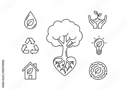 Minimalist vector illustrations of eco-friendly concepts, nature, and environmental care