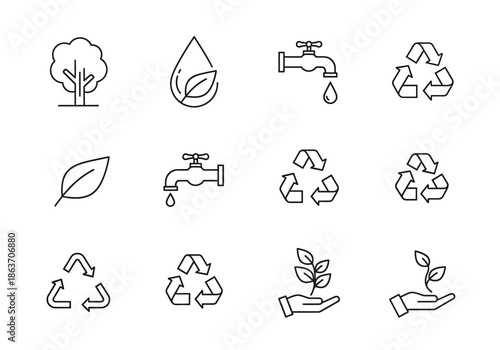 Collection of eco-friendly and sustainable outline icons for environmental conservation
