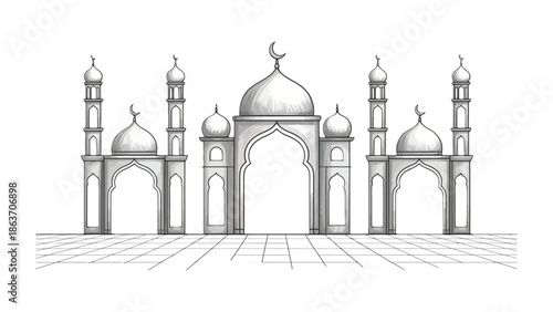 Geometric Splendor of Worship: A detailed illustration captures the majestic facade of a grand house of worship.