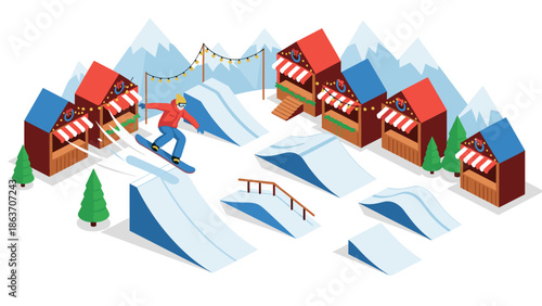 Isometric winter wonderland: snowboarder in festive ski resort with christmas decor
