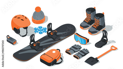 Essential snowboarding gear in isometric design for winter sports enthusiasts