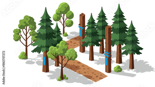Isometric forest pathway with pine trees and trail markers in summer landscape