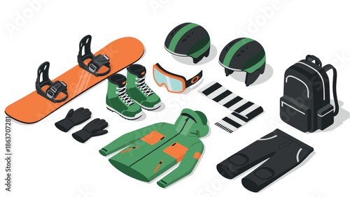 Isometric winter sports gear set with snowboard, boots, and helmets