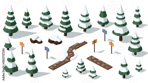 Isometric snowy forest with trees and winter pathway elements