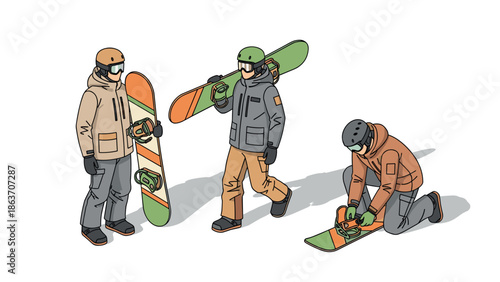 Snowboard enthusiasts preparing for winter adventure in isometric style