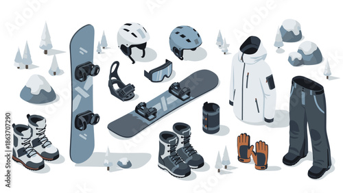 Winter sports gear set in isometric style with snowboard and accessories