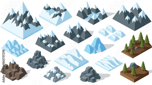 Isometric low poly mountain and forest collection in winter theme