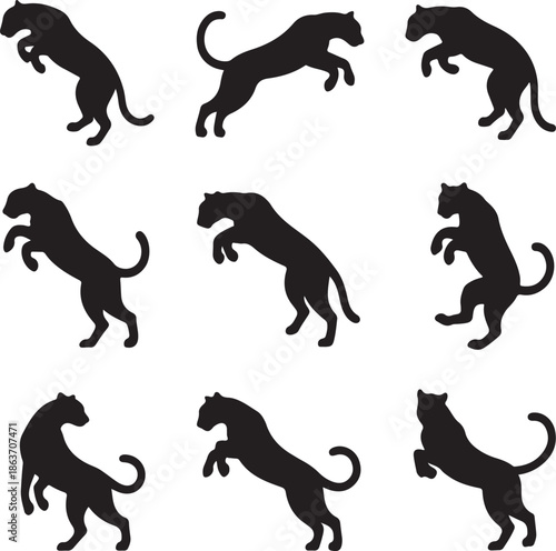 nine black panther silhouettes in various poses on white background