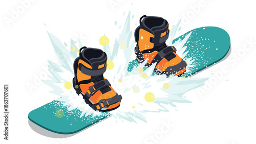 Dynamic snowboard design with vibrant boots and colorful splash effect