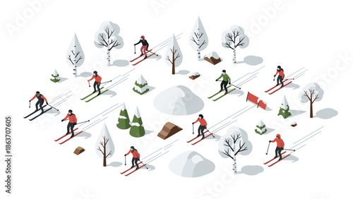 Isometric winter scene with skiers in snowy landscape