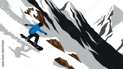 Snowboarder descending mountain slope in dynamic flat design illustration