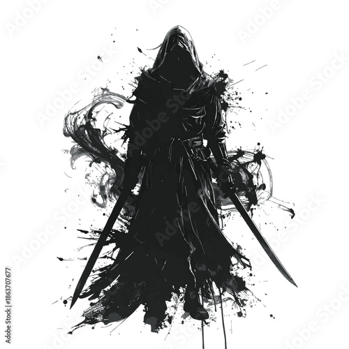 A hooded figure in a dark robe with swords with paint splashes