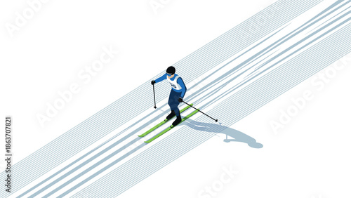 Isometric cross-country skier on snowy trail in blue and green gear