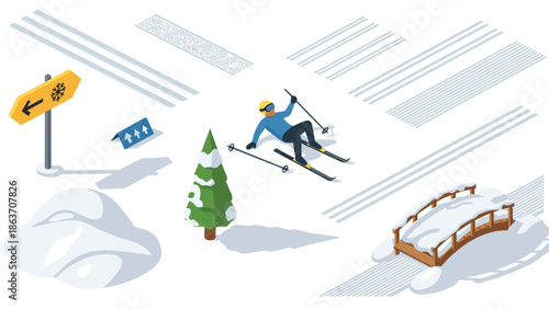 Isometric winter skiing scene with skier and snow landscape elements