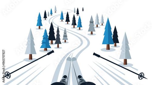 Winter ski adventure through snowy forest with dynamic perspective
