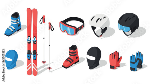 Essential ski gear: isometric winter equipment collection for outdoor adventure enthusiasts