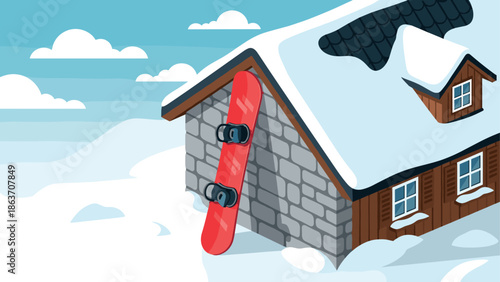 Snowy mountain cabin with snowboard leaning against rustic wooden roof