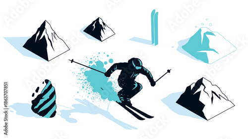 Dynamic winter sports scene with skier and stylized mountain elements