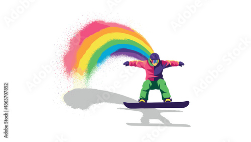 Colorful snowboarder with vibrant rainbow trail