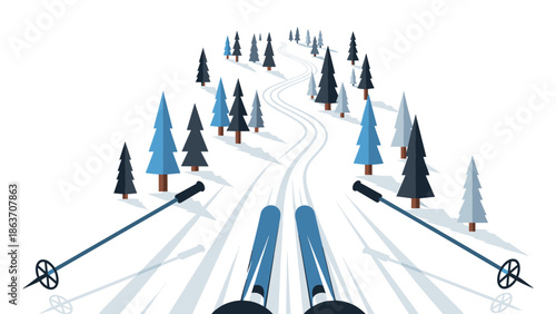 Winter ski adventure on snowy mountain with pine trees and skis