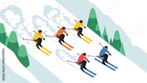 Isometric skiers racing down snowy mountain with trees in an alpine landscape
