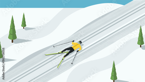 Isometric skiing scene with skier on snowy slope and fir trees