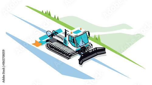 Isometric snow groomer on mountain slope for winter maintenance